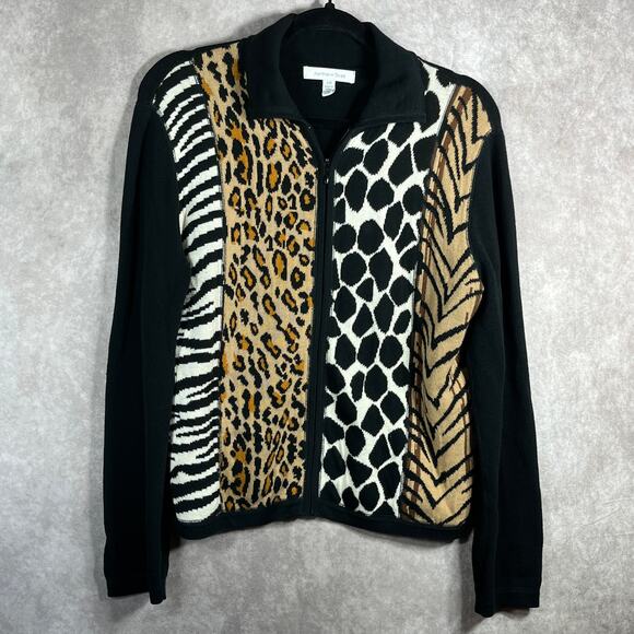 Northern Isles Full Zip Sweater Womens Large Black Animal Print Cotton Casual - Picture 1 of 9